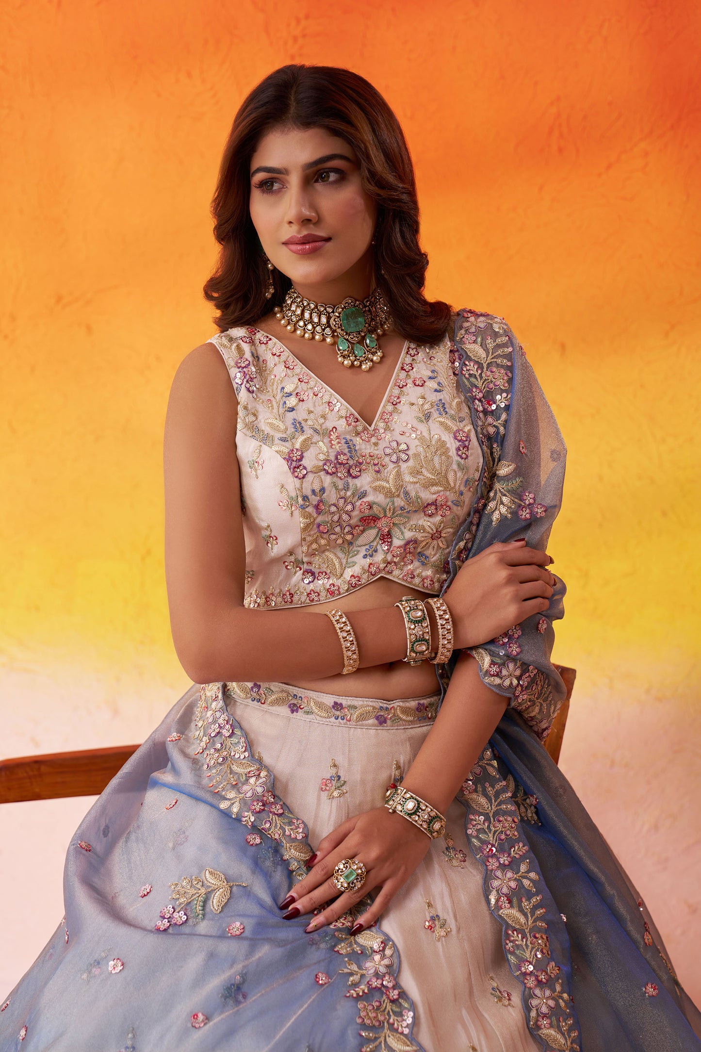 Beige Tissue Sequins, Thread & Embroidery Bridesmaid Lehenga