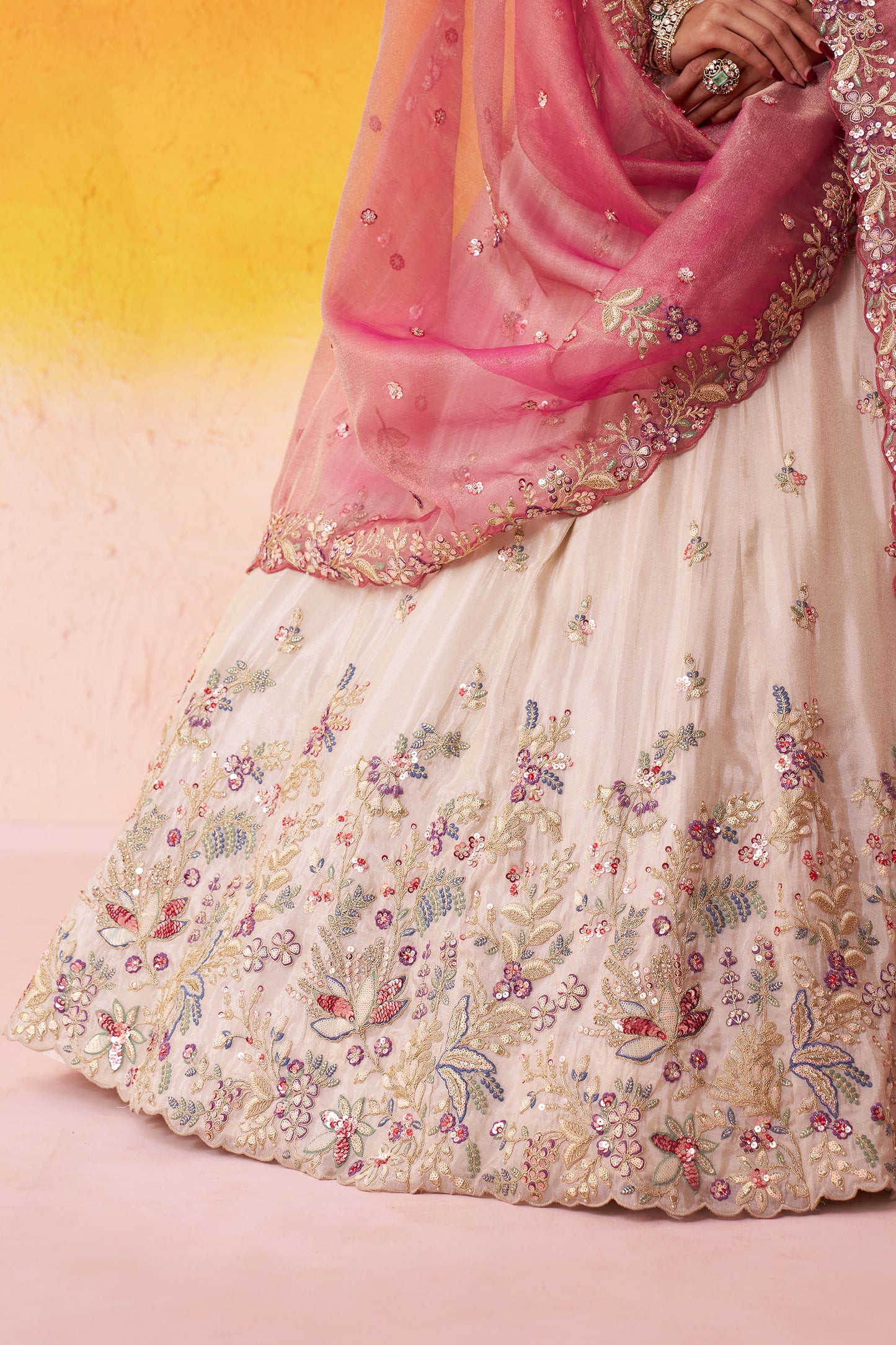 Beige Tissue Sequins, Thread & Embroidery Wedding Guest Lehenga