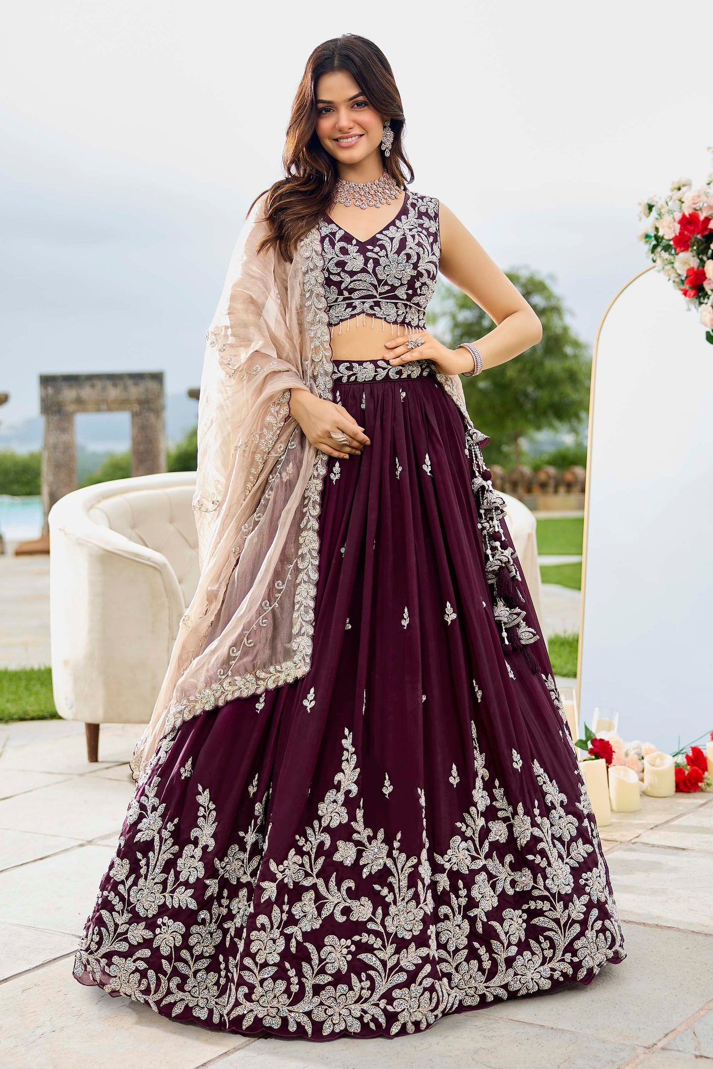 Wine Satin Silk Beads & Sequins Embroidered Ready to Wear Bridesmaid Lehenga