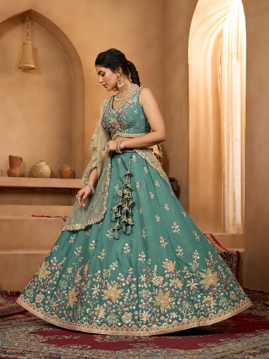 Green Georgette Sequins Embroidery Wedding Guest Lehenga