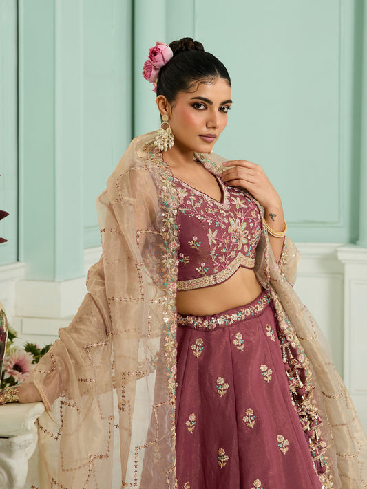 Rose Gold Georgette Sequins Embroidery Wedding Guest Lehenga