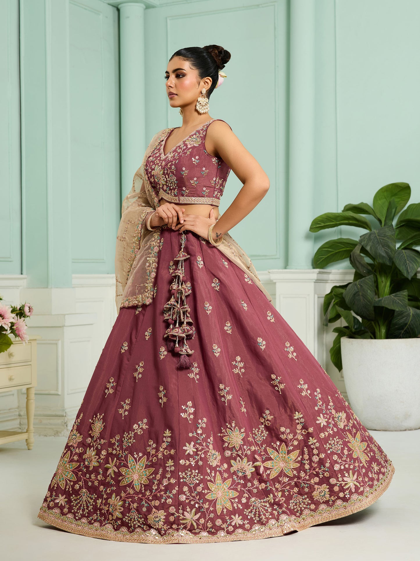 Rose Gold Georgette Sequins Embroidery Wedding Guest Lehenga