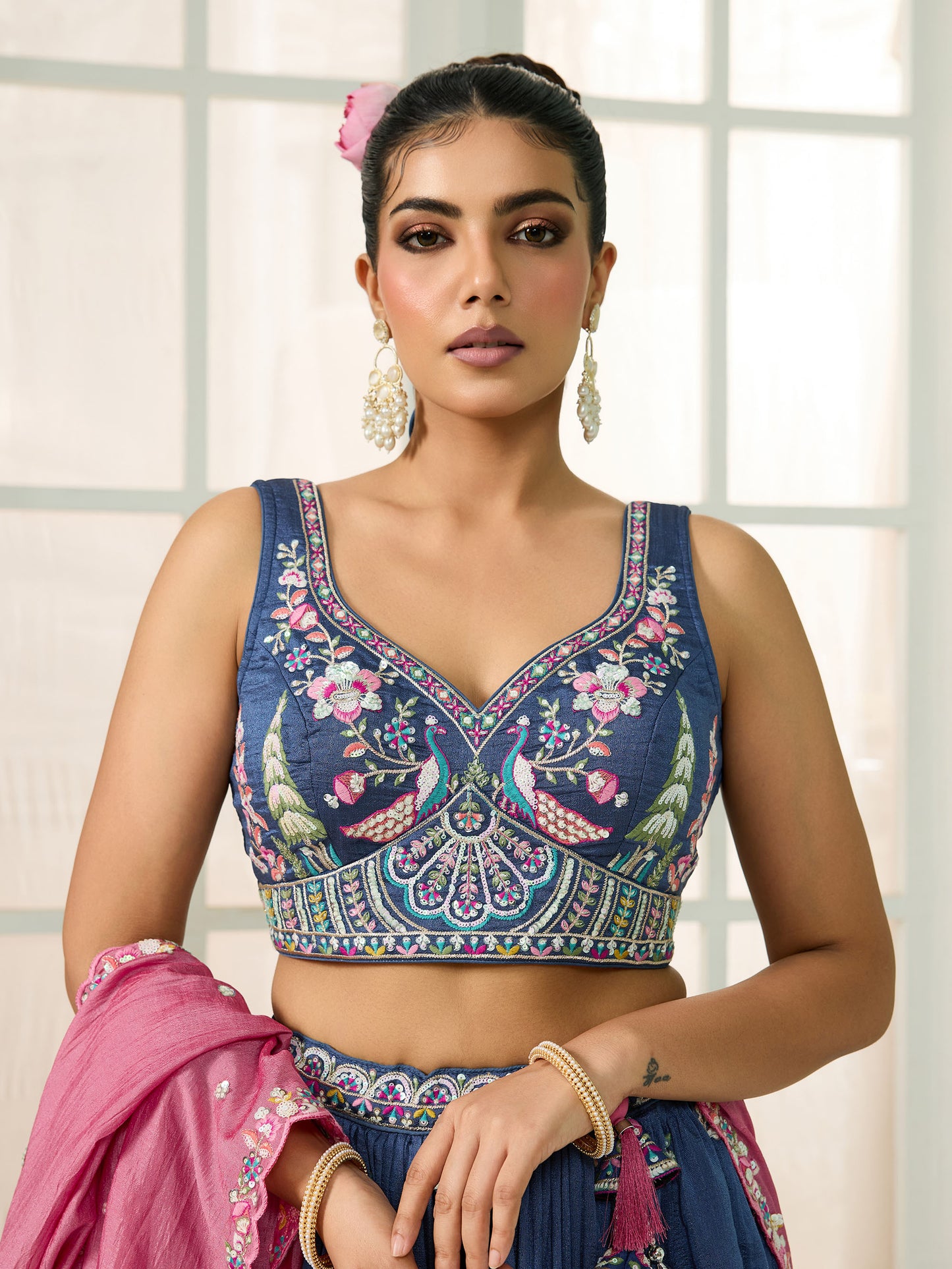 Blue Vichatra Silk Sequins Embroidery Wedding Guest Lehenga