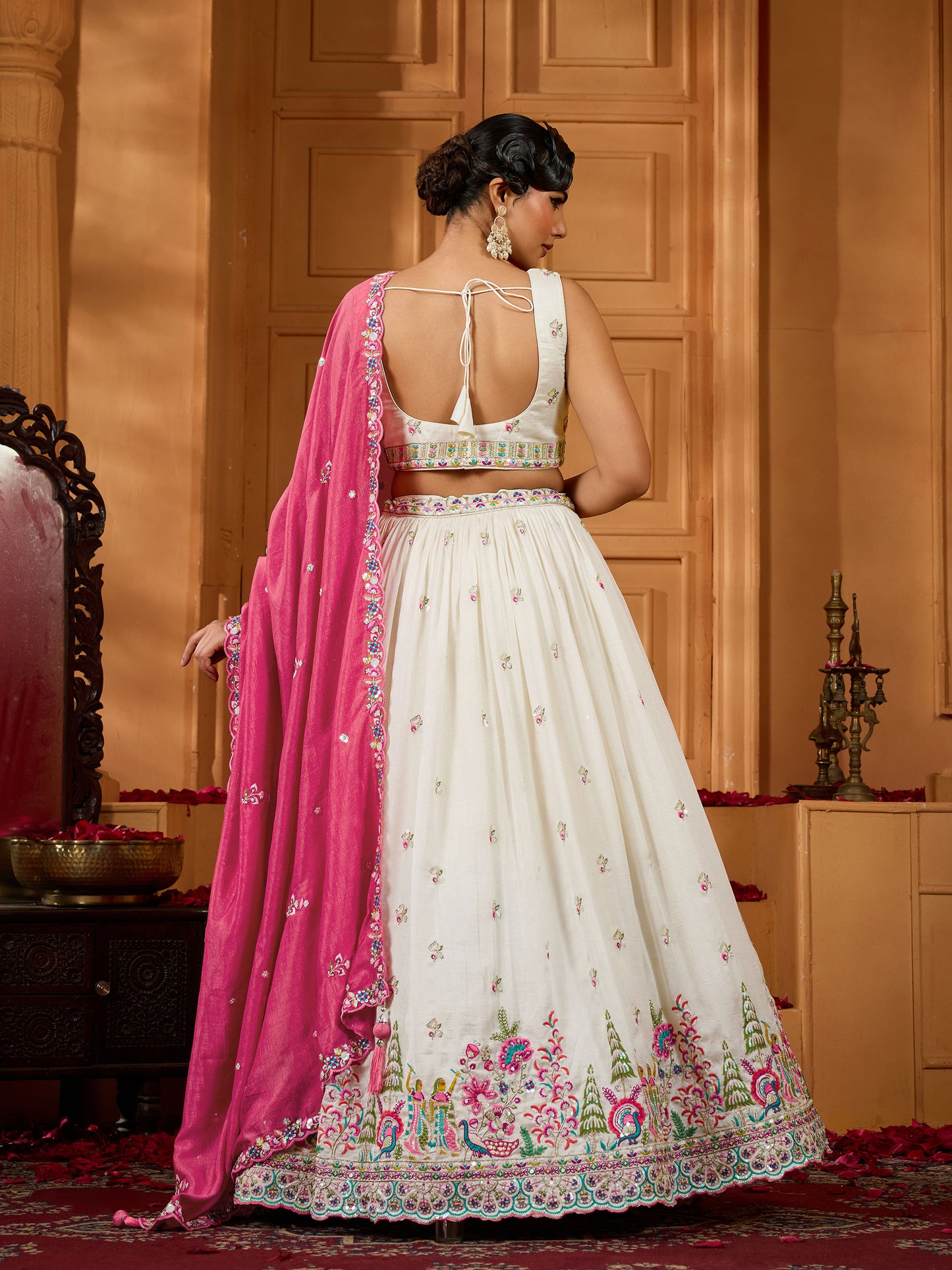 Cream Vichatra Silk Sequins Embroidery Wedding Guest Lehenga