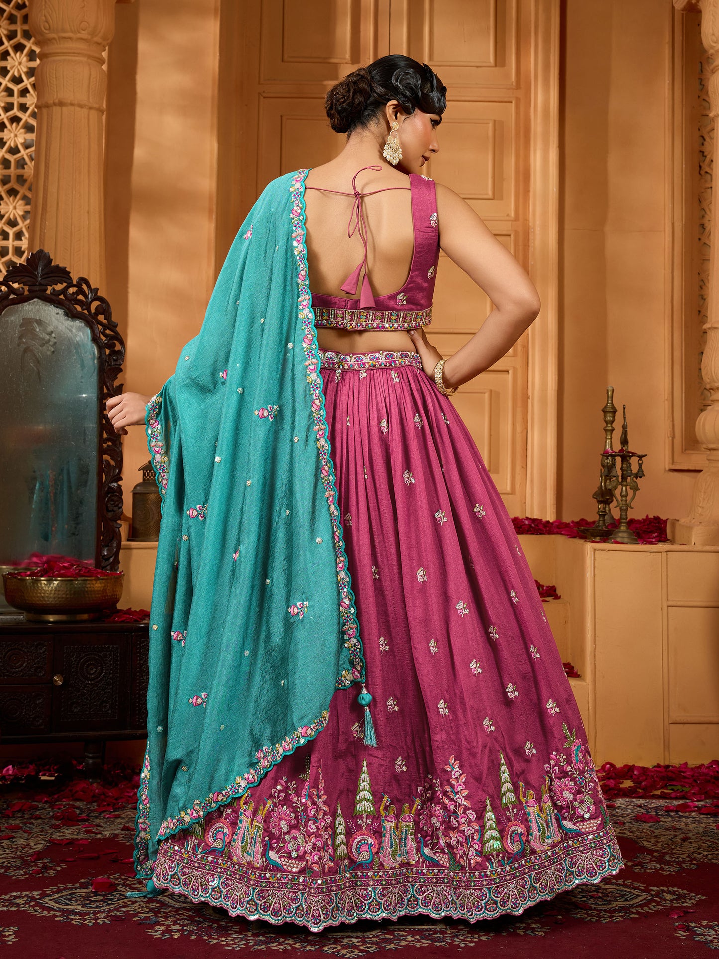 Rose Gold Vichatra Silk Sequins Embroidery Wedding Guest Lehenga