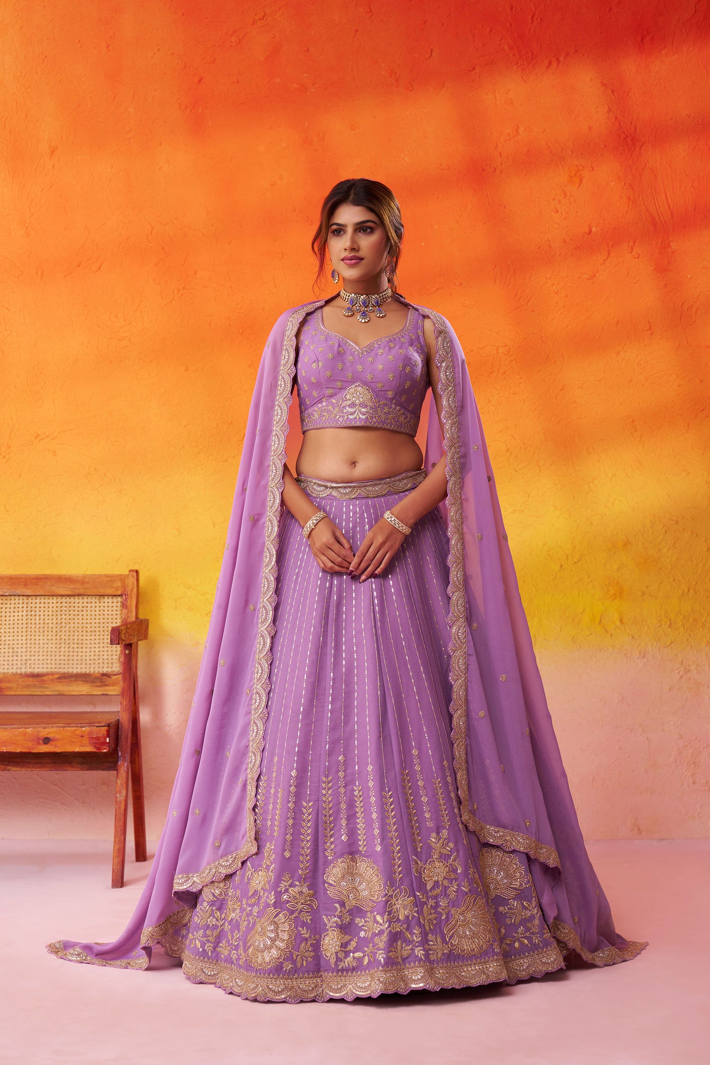 Mauve Tissue Silk Sequins Embroidery Wedding Guest Lehenga