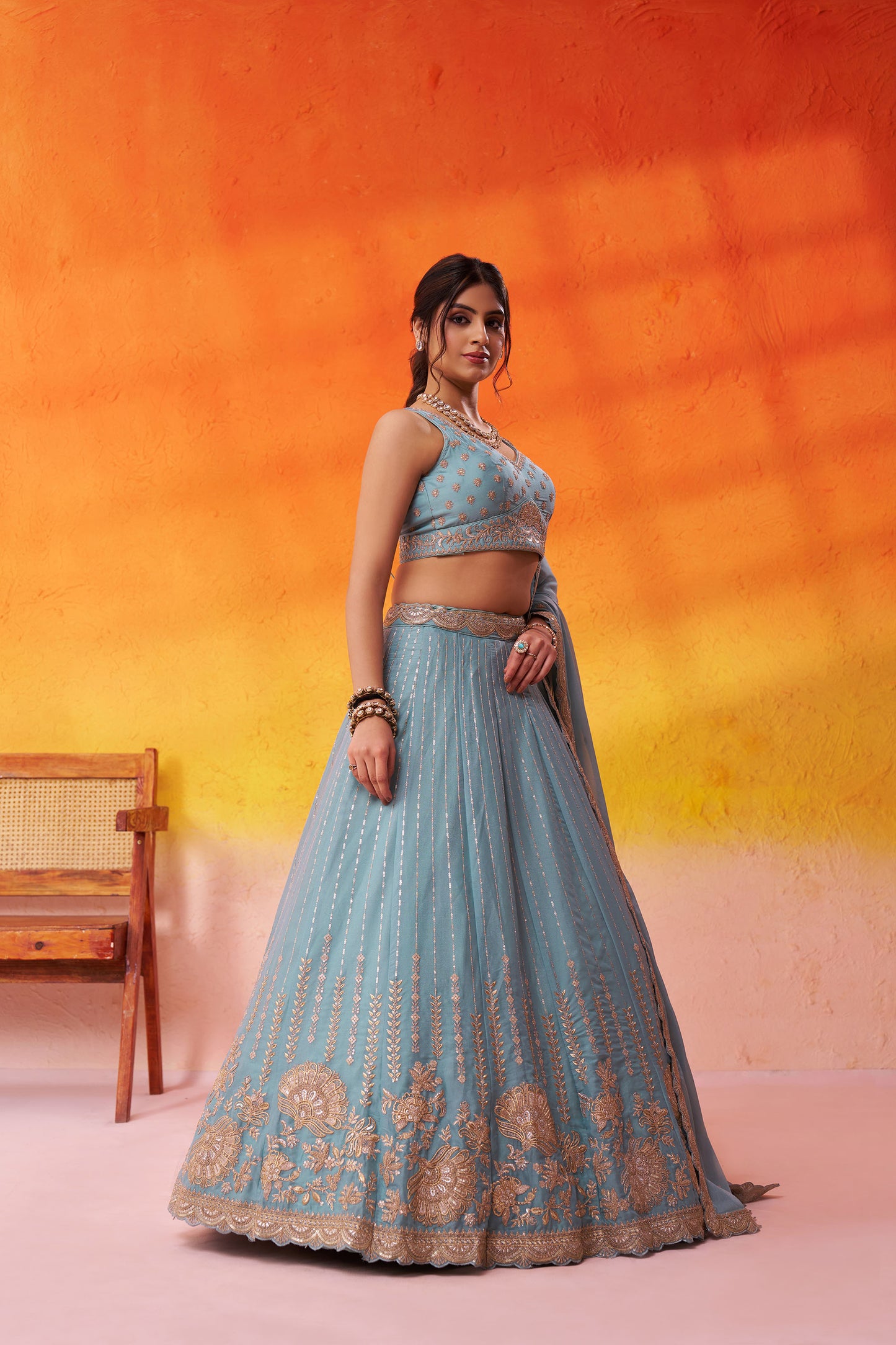 Sea Green Tissue Silk Sequins Embroidery Wedding Guest Lehenga