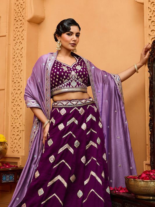 Burgundy Silk Sequins Embroidery Lehenga