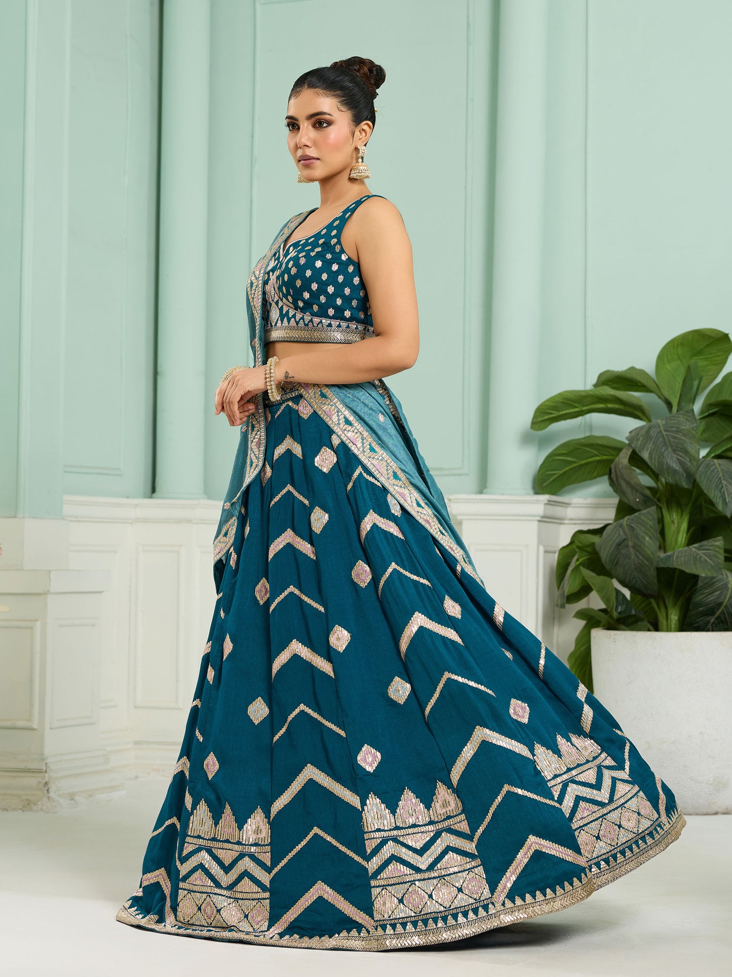 Teal Blue Silk Sequins Embroidery Lehenga