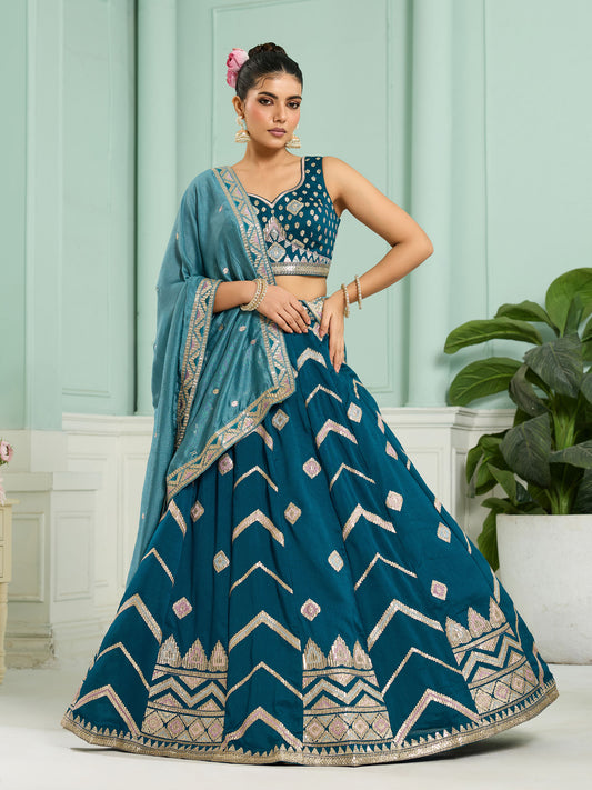 Teal Blue Silk Sequins Embroidery Lehenga