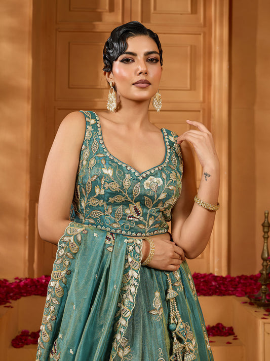Green Tissue Sequins Embroidery Bridesmaid Lehenga for Wedding