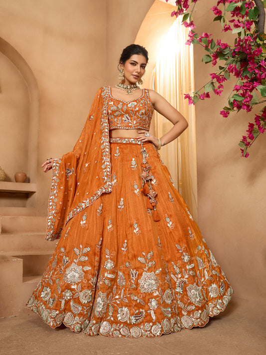 Orange Tissue Sequins Embroidery Bridesmaid Lehenga for Wedding