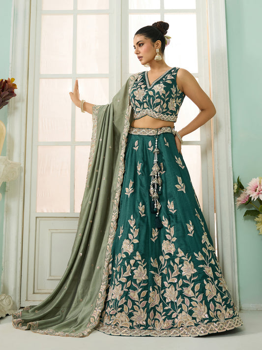 Dark Green Silk Sequins Embroidery Guest Lehenga for Mehendi