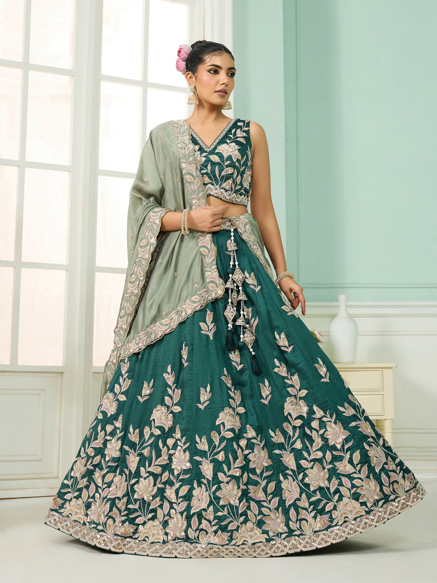 Dark Green Silk Sequins Embroidery Guest Lehenga for Mehendi