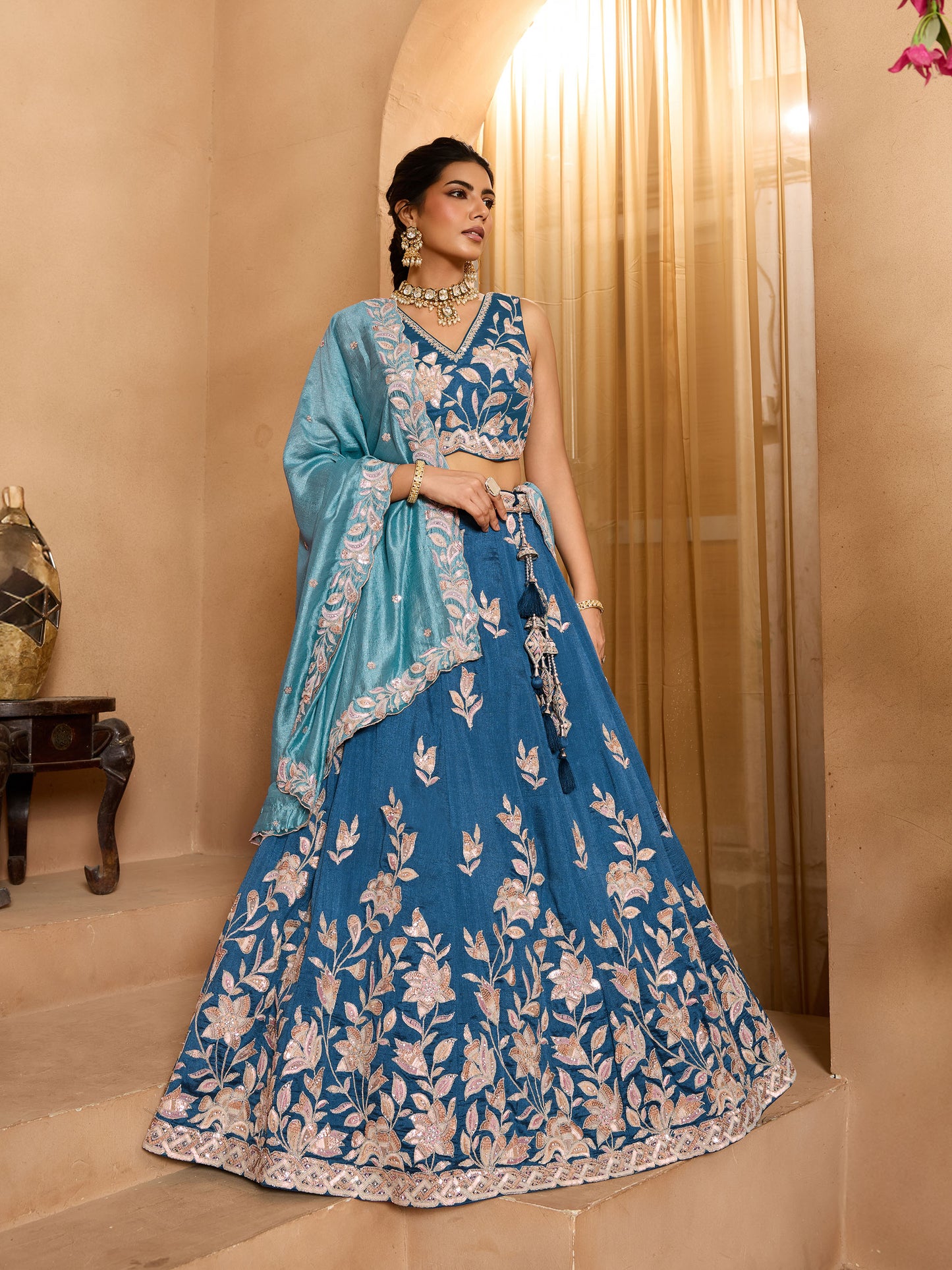 Teal Blue Silk Sequins Embroidery Guest Lehenga