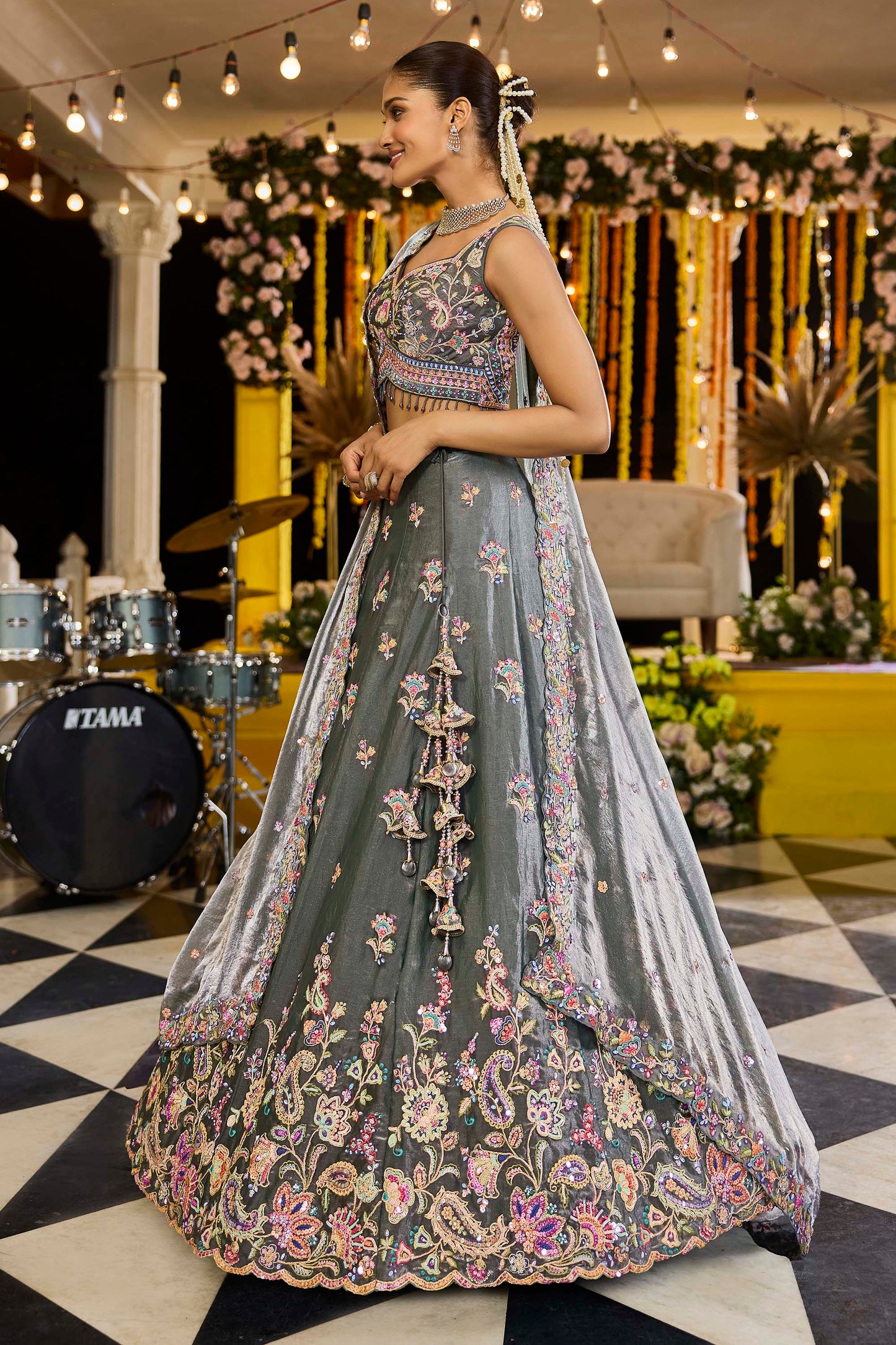 Green Tissue Sequinned Embroidered Ready to Wear Lehenga for Mehendi