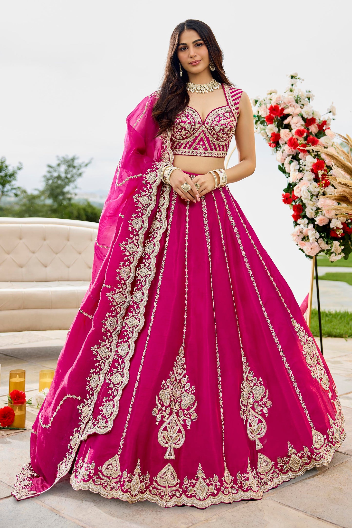 Pink Silk Fabric Beads & Sequined Embroidery Bridal Lehenga Choli