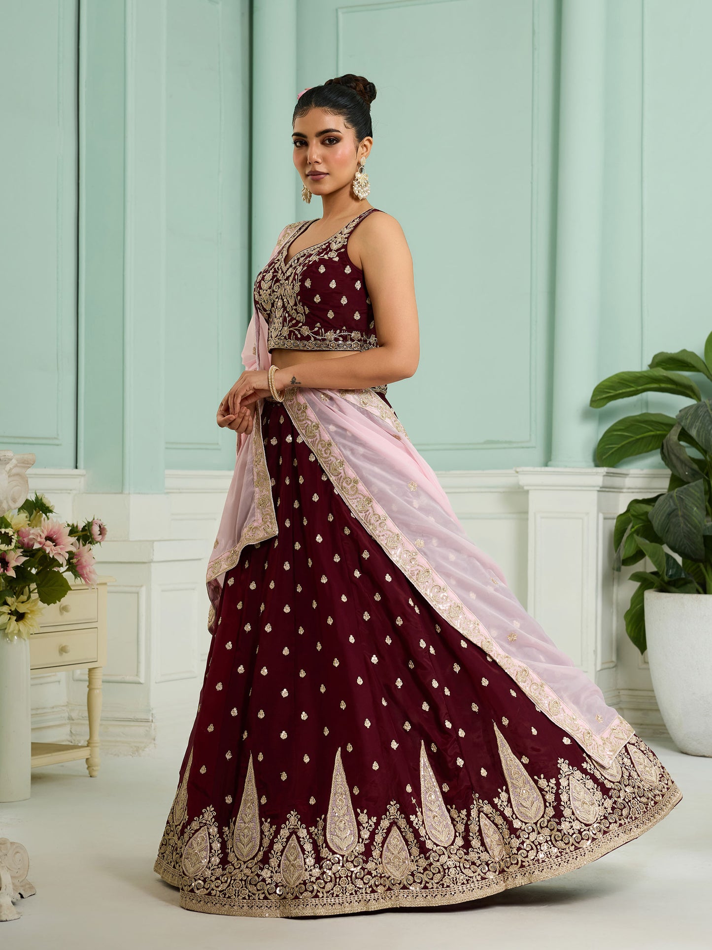 Maroon Organza Sequins Embroidery Bridesmaid Lehenga