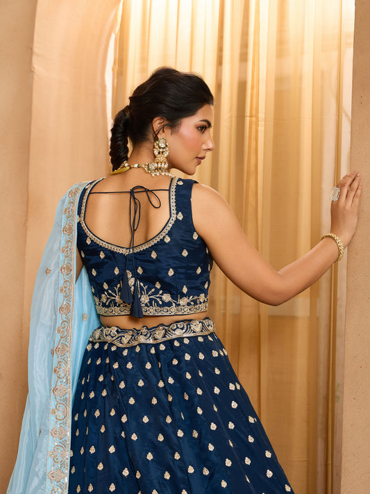 Navy Blue Organza Sequins Embroidery Bridesmaid Lehenga
