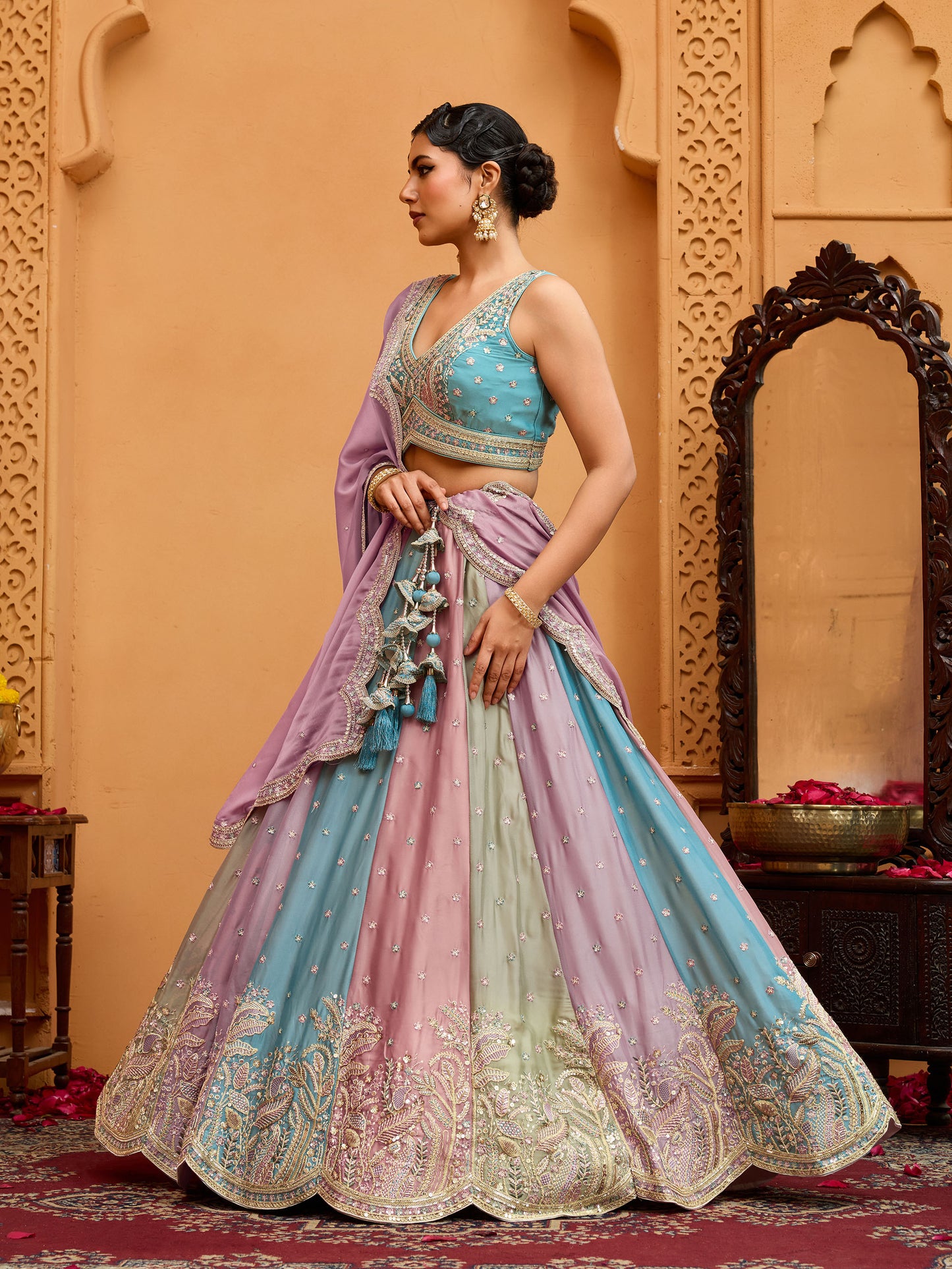 Peach Georgette Sequins Embroidery Bridesmaid Lehenga for Wedding