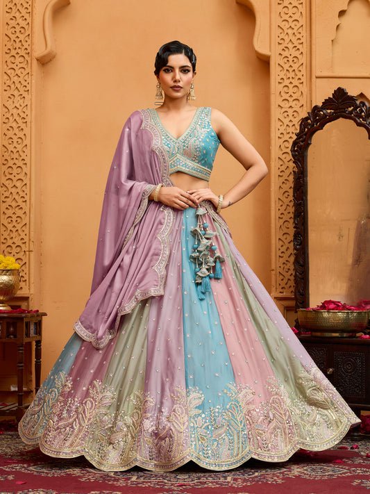 Peach Georgette Sequins Embroidery Bridesmaid Lehenga for Wedding