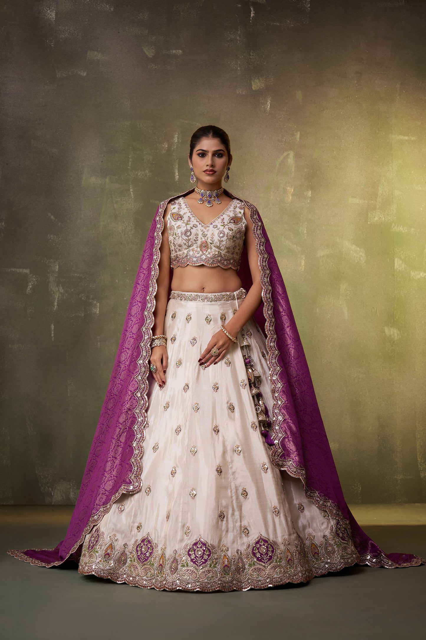 Beige Tissue Sequins, Thread & Embroidery Engagement Lehenga