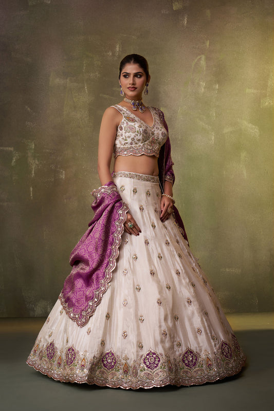 Beige Tissue Sequins, Thread & Embroidery Engagement Lehenga