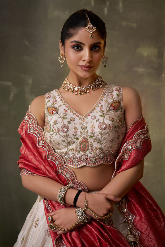 Beige Tissue Sequins, Thread & Embroidery Lehenga With Red Dupatta for Engagement