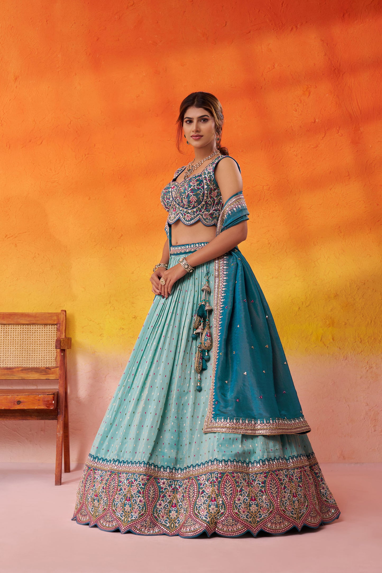 Turquoise Blue Jacquard Tissue Sequins Thread & Embroidery Wedding Guest Lehenga