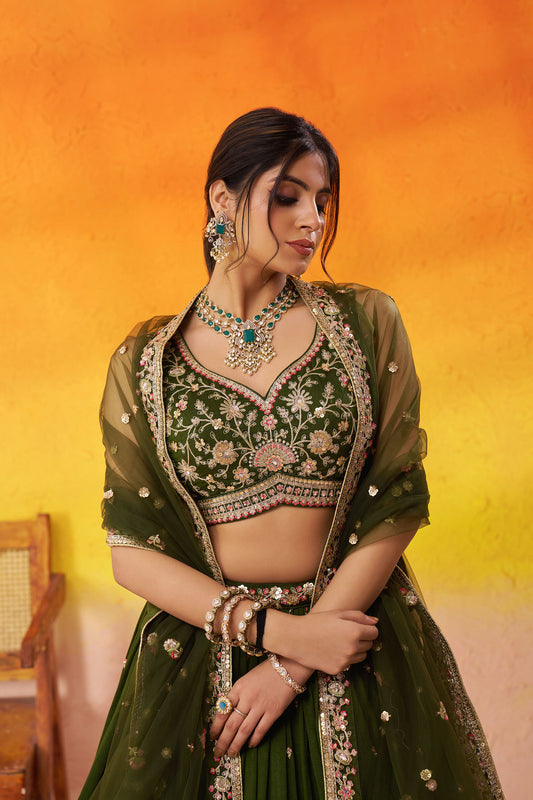 Olive Green Georgette Sequins,Thread & Embroidery Mehendi Lehenga