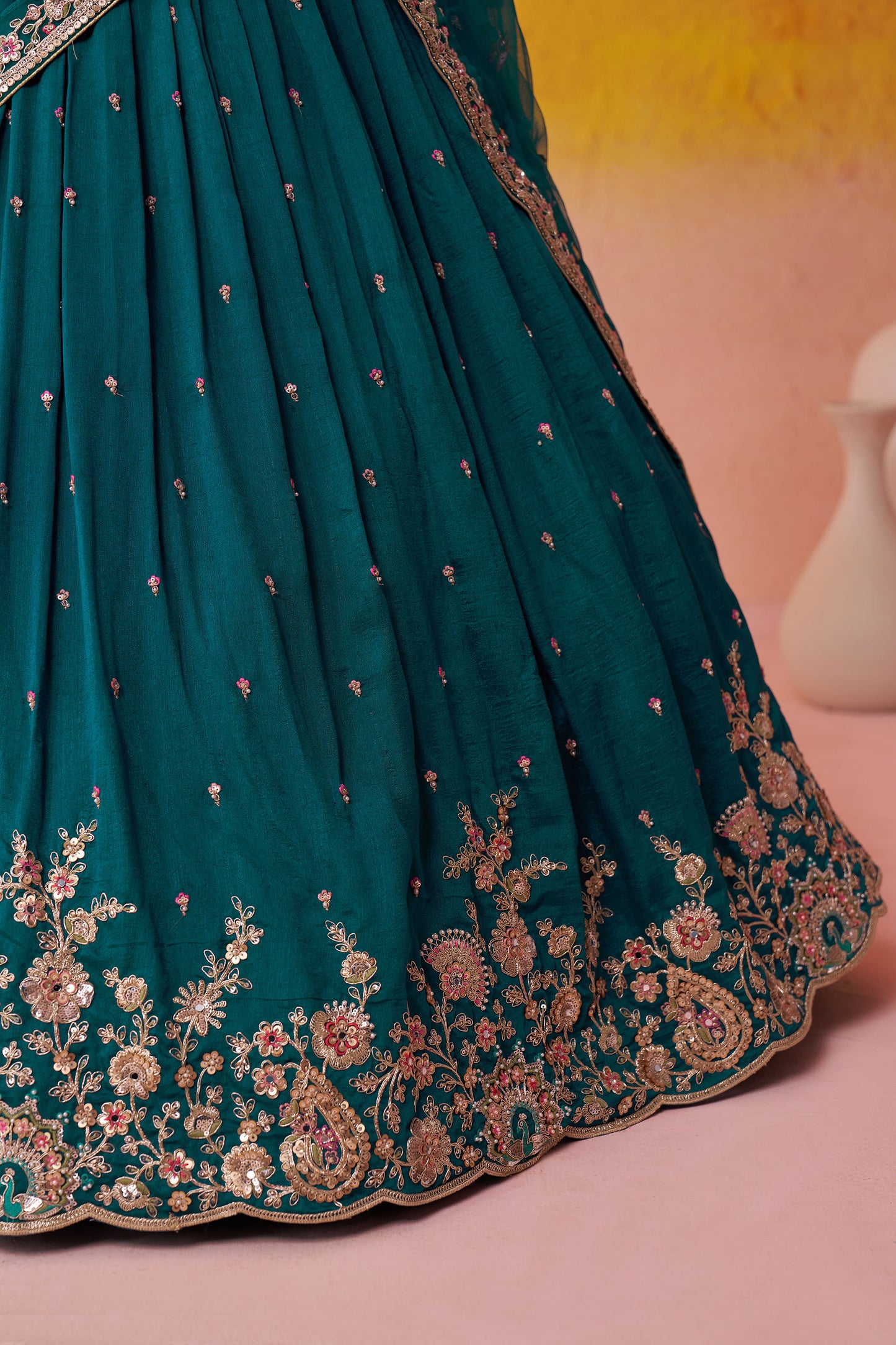Teal Georgette Sequins Thread & Embroidery Engagement Lehenga