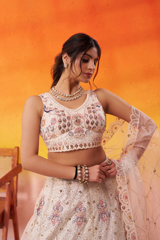 Cream Net Sequins & Thread Embroidery Lehenga for Wedding