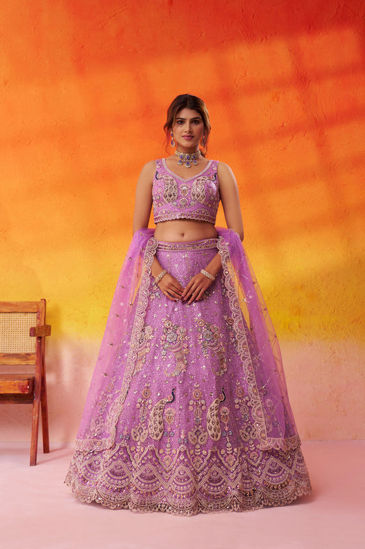 Mauve Net Sequins & Thread Embroidery Lehenga for Sangeet