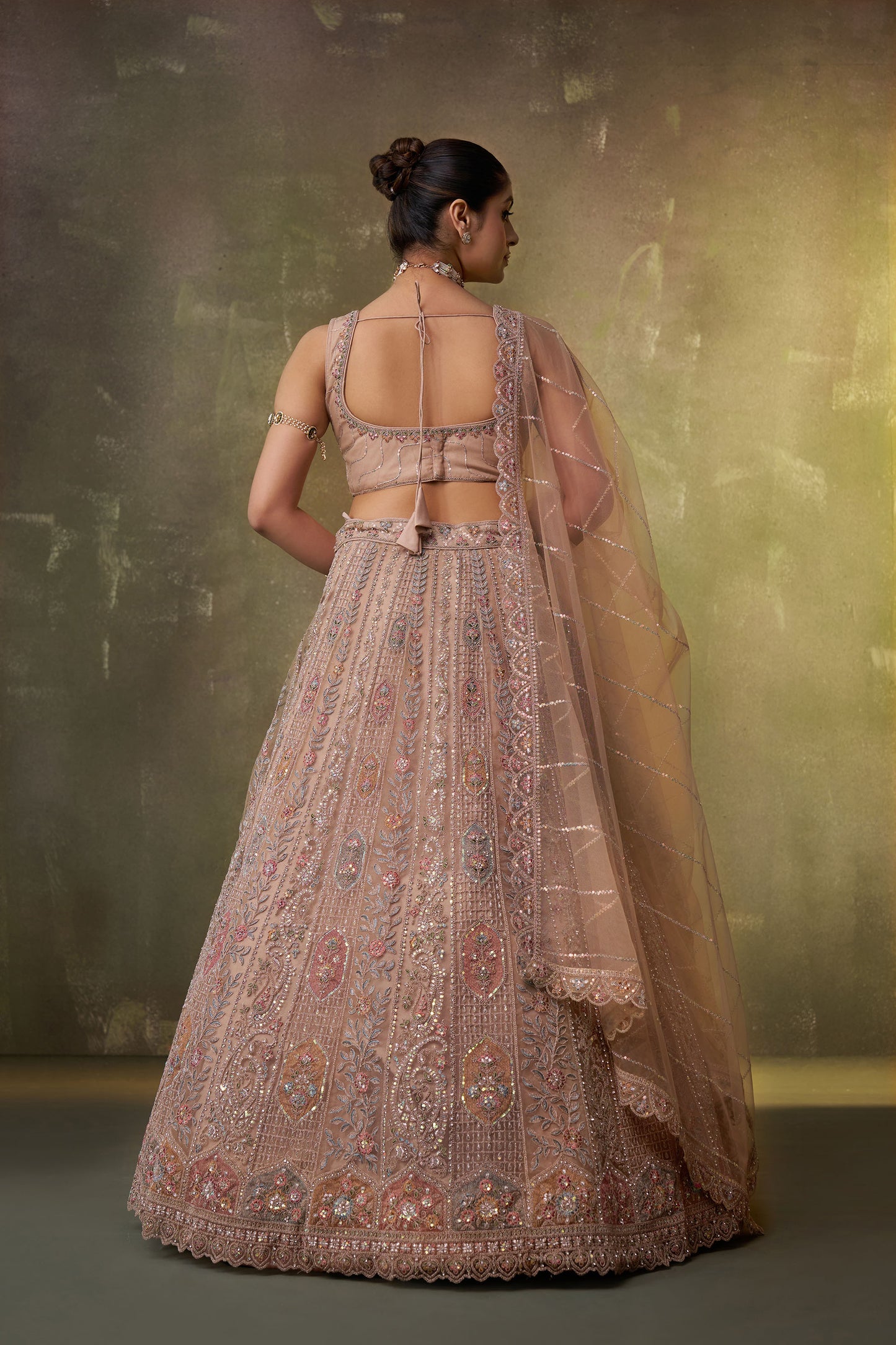 Beige Net Sequins & Thread Embroidery Bridal Lehenga