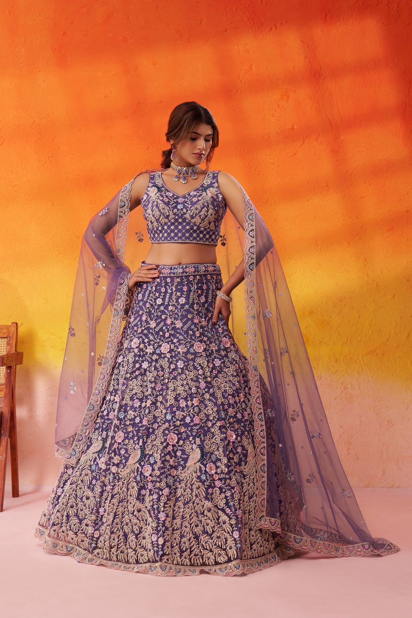 Purple Net Sequins & Thread Embroidery Bridal Lehenga