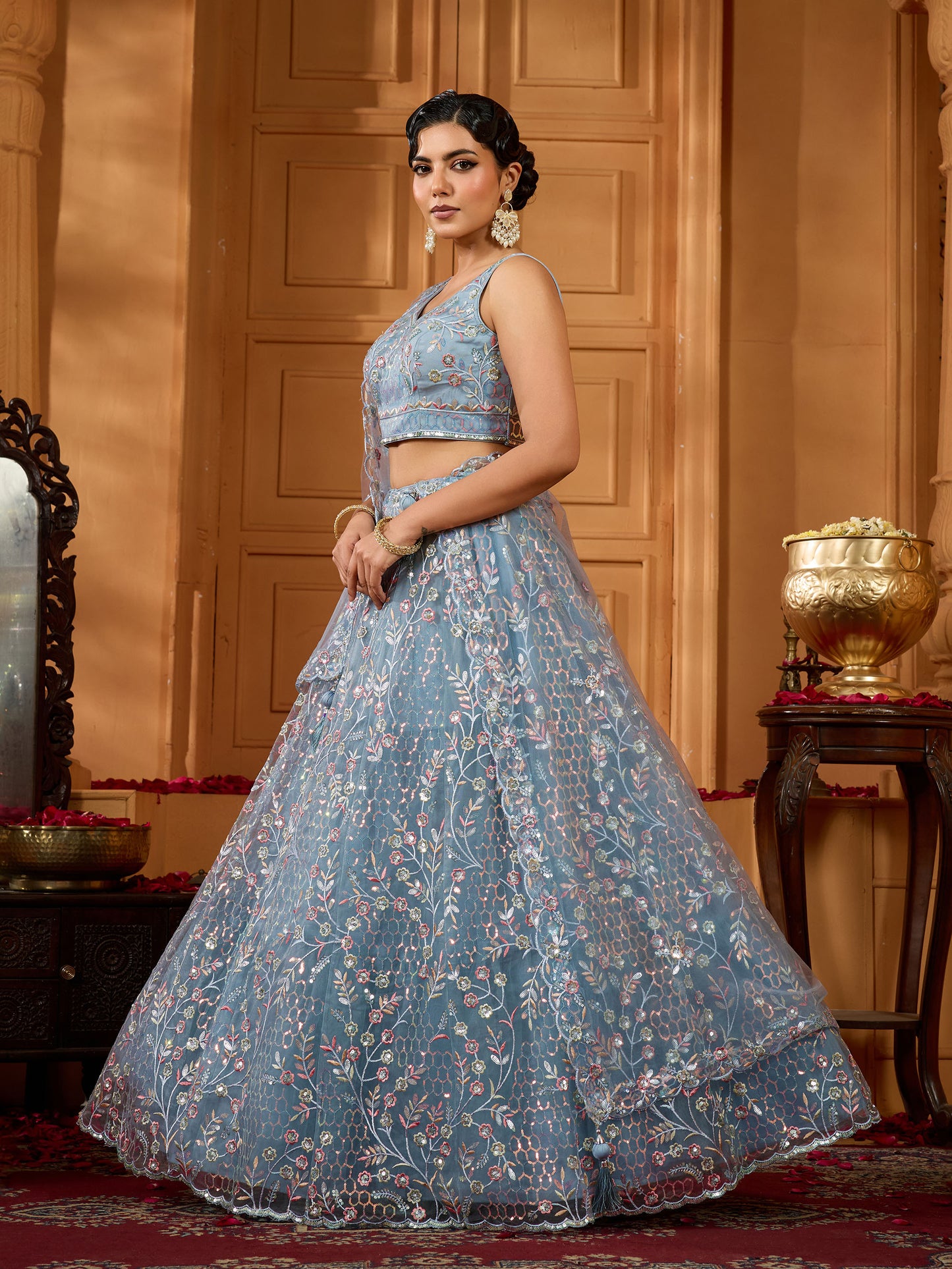 Grey Net Sequins Embroidery Bridesmaid Lehenga for Sangeet