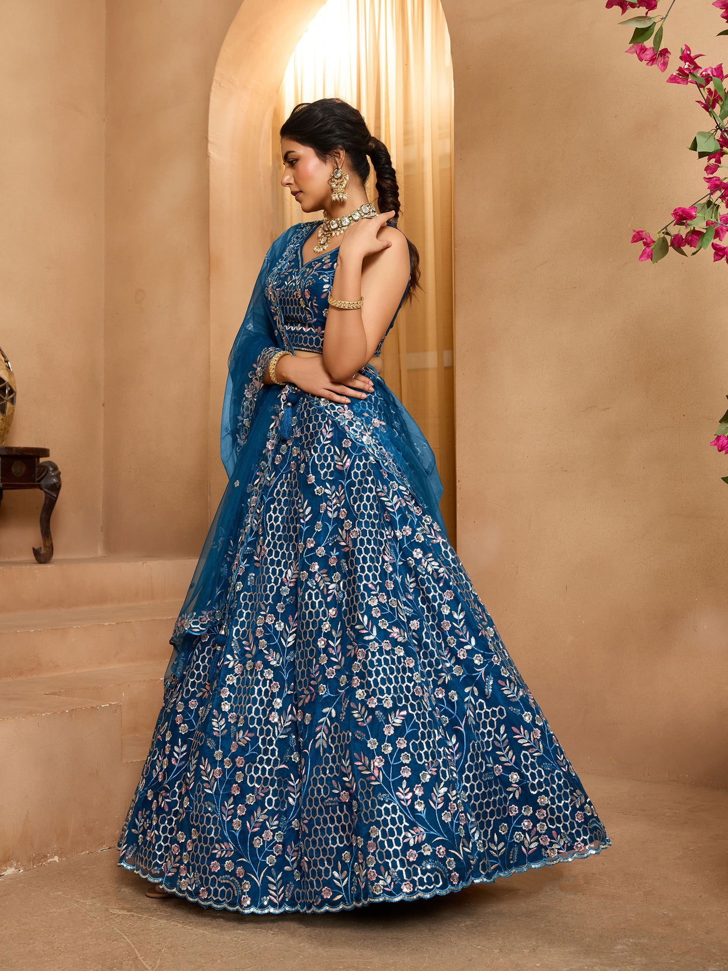 Navy Blue Net Sequins Embroidery Bridesmaid Lehenga