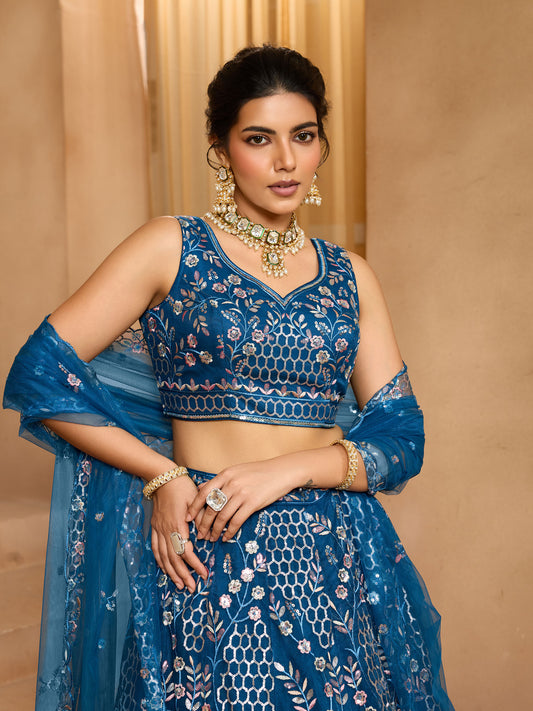 Navy Blue Net Sequins Embroidery Bridesmaid Lehenga