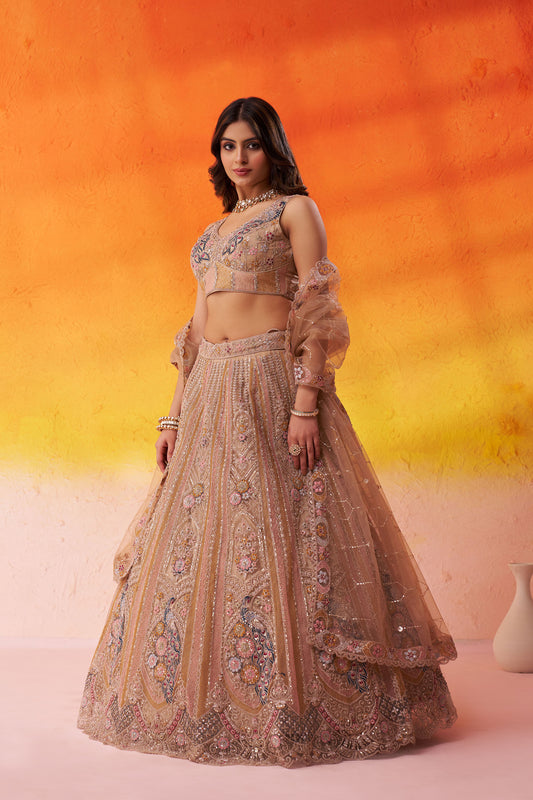 Beige Net Heavy Sequins & Peacock Embroidery Bridesmaid Lehenga
