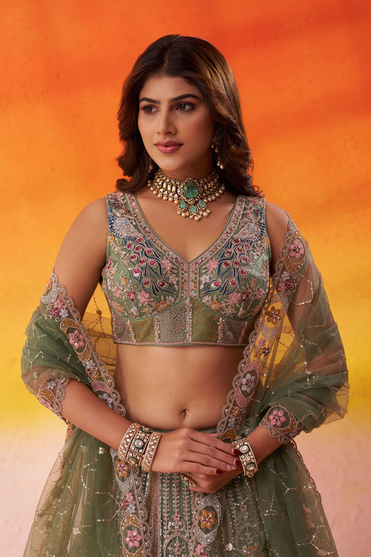 Lime Green Net Heavy Sequins & Coding Embroidery Mehendi Lehenga