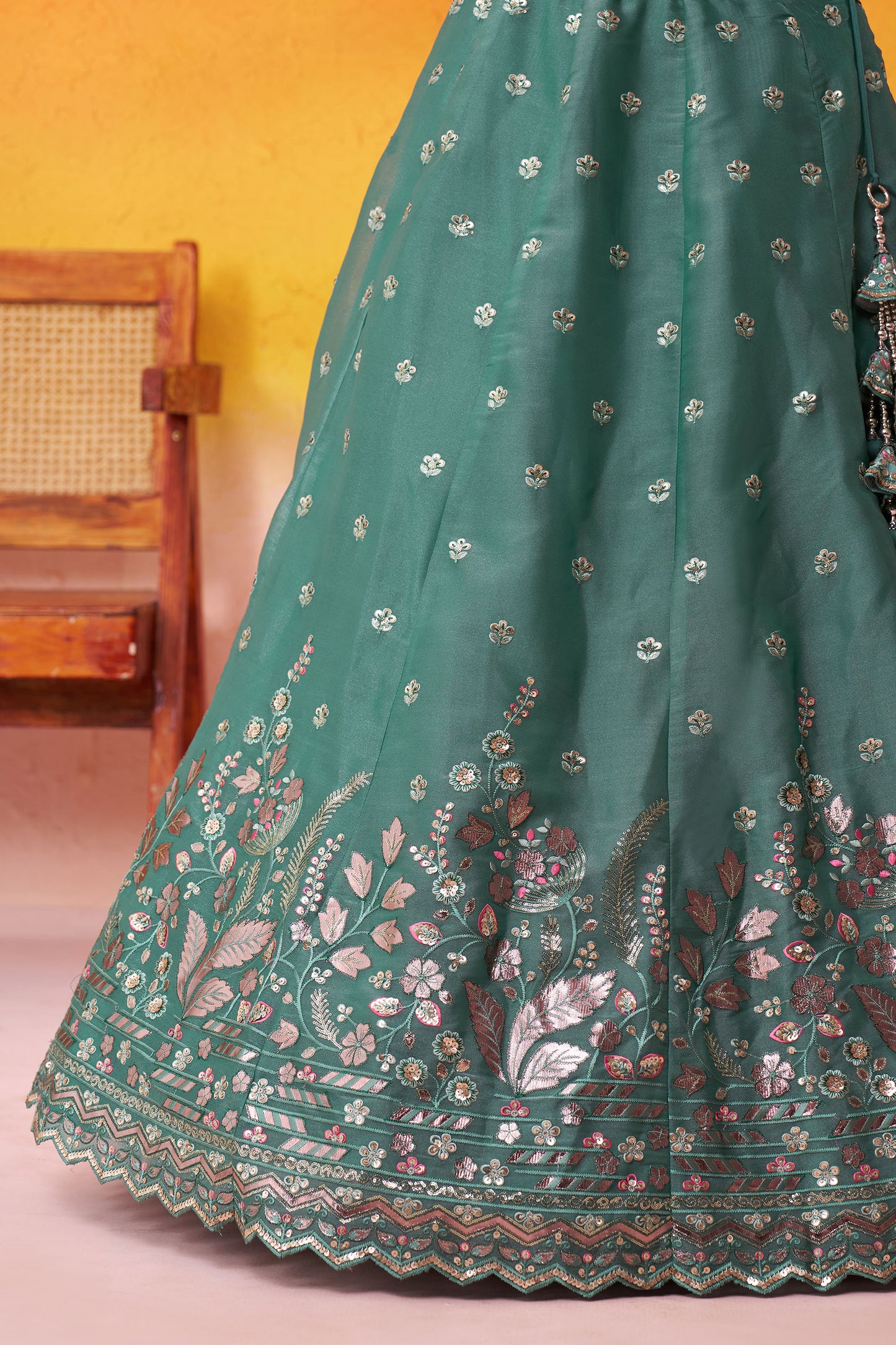 Green Organza Sequins & Gota Embroidery Wedding Guest Lehenga
