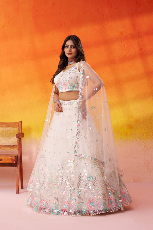 Cream Net Sequins & Thread Embroidery Bridesmaid Lehenga for Sangeet