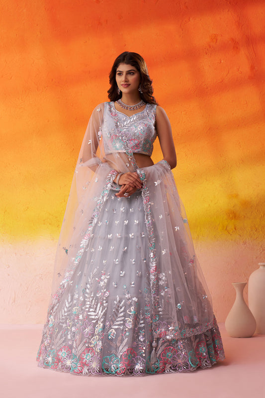 Grey Net Sequins & Thread Embroidery Bridesmaid Lehenga for Reception