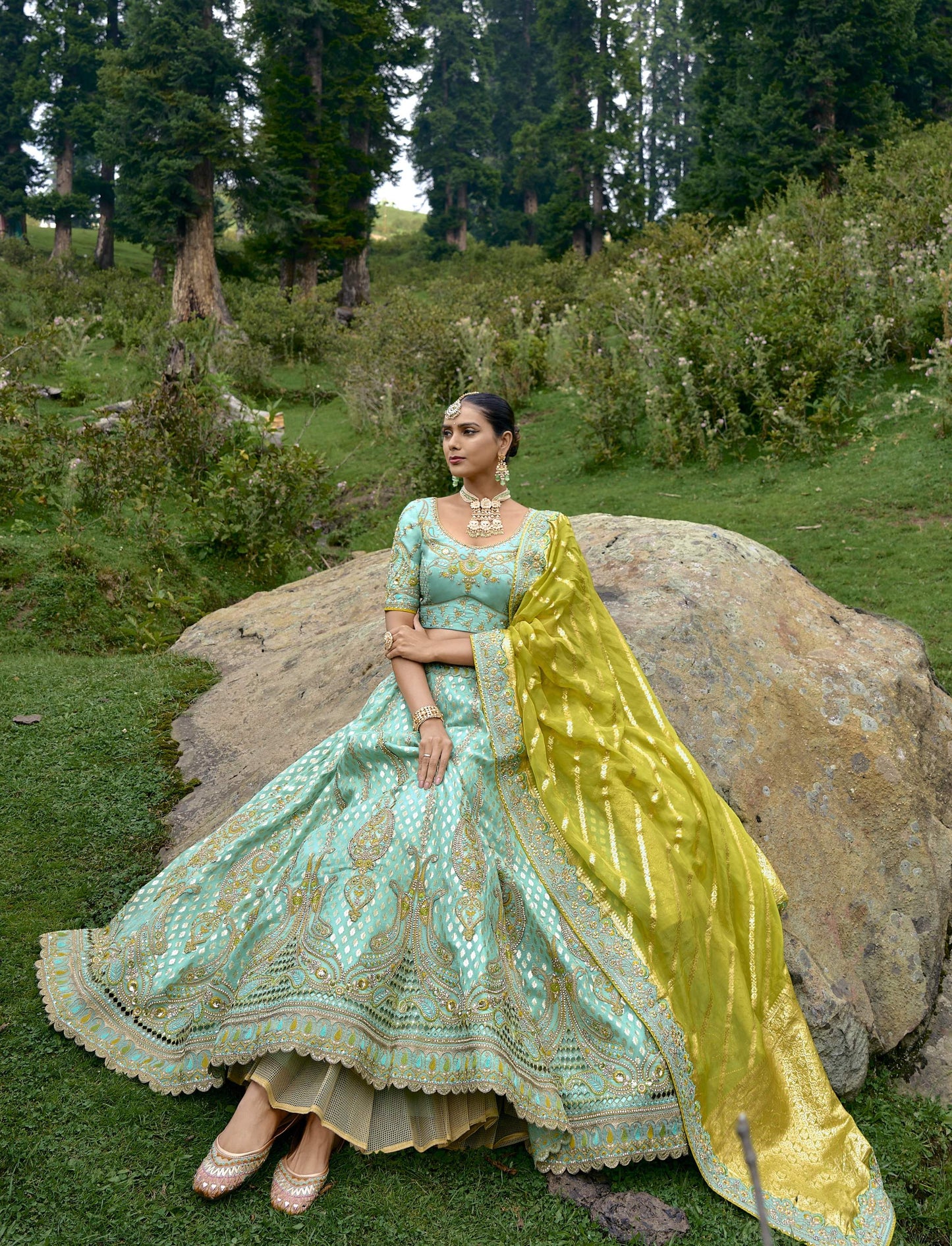 Sea Green Silk Gota Embroidered Sangeet Lehenga Choli