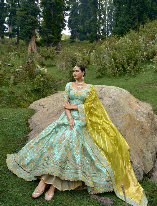 Sea Green Silk Gota Embroidered Sangeet Lehenga Choli