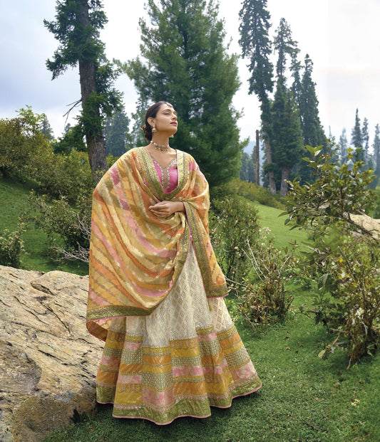 Pink and White Silk Gota Embroidered Wedding Guest Lehenga Choli