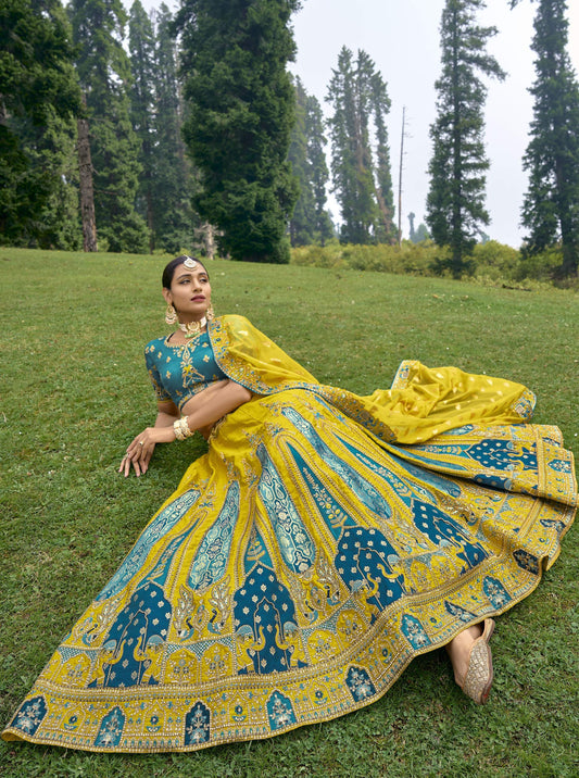 Yellow and Blue Silk Gota Embroidered Wedding Lehenga