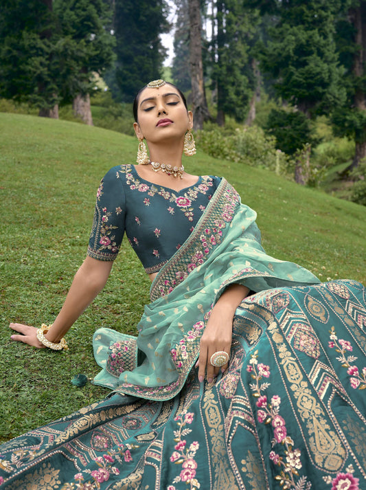 Aqua Green Silk Gota Embroidered Wedding Lehenga