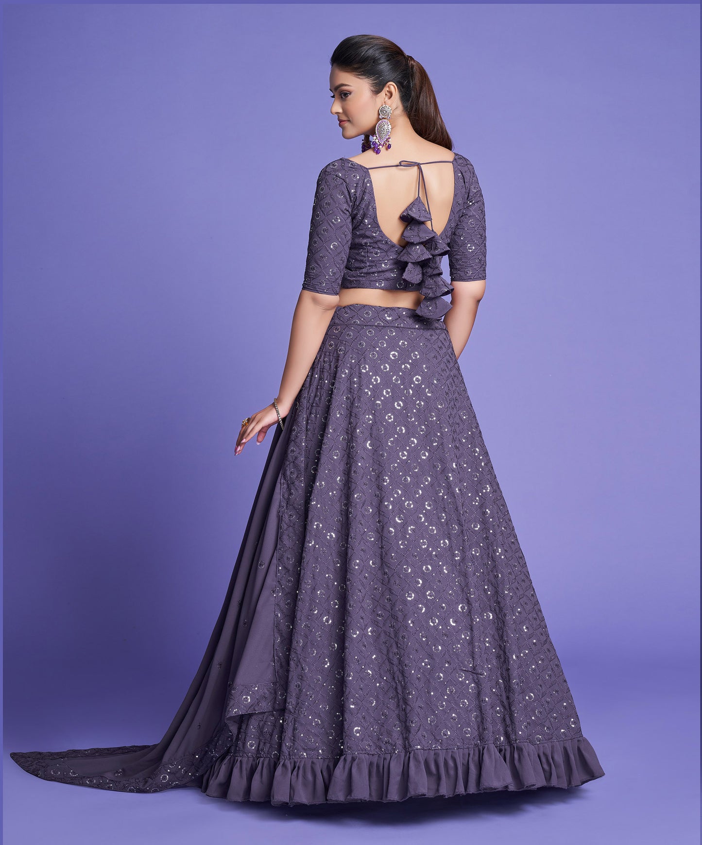 Purple Diamond Georgette Sequins Work Mehendi Lehenga