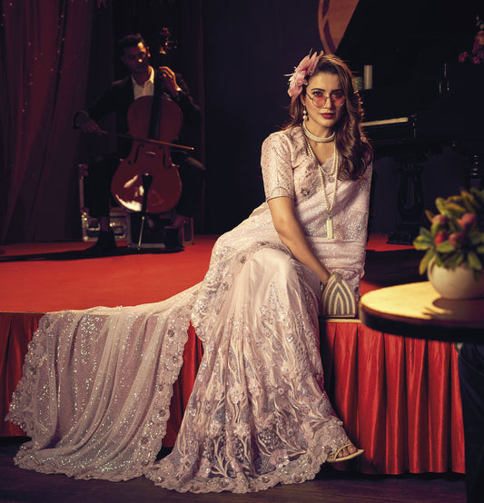 Peach Sequins Embroidery Digital Net Saree for Cocktail